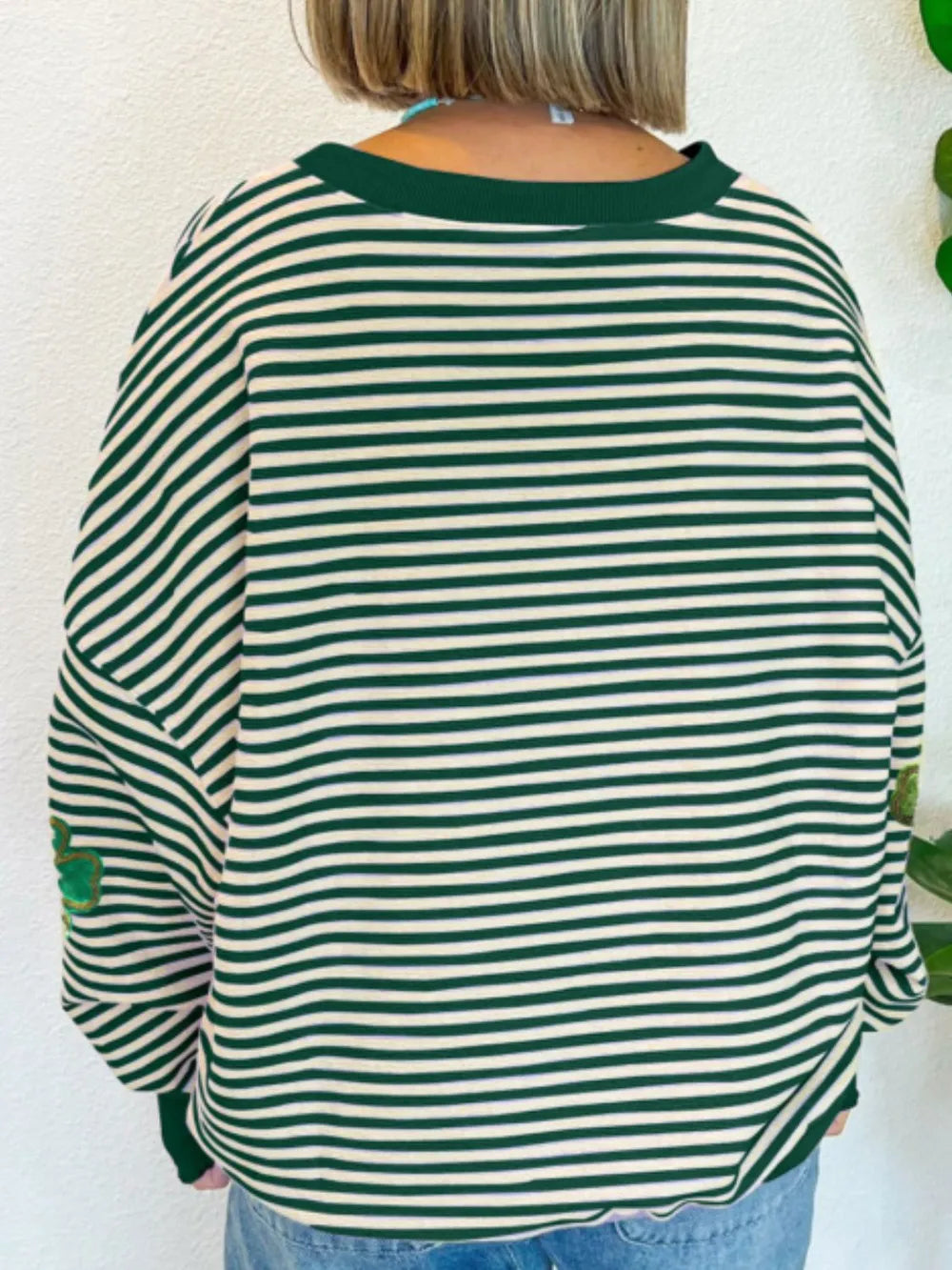 Stripe Lucky Clover Drop Shoulder Sweatshirt 