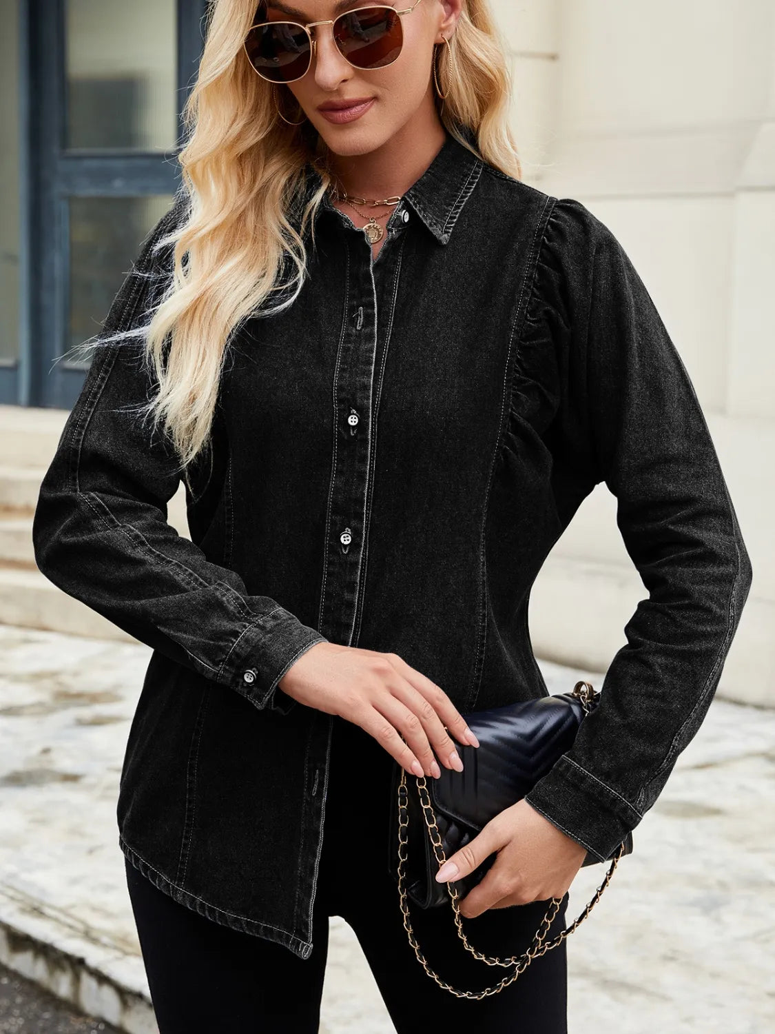 Button Down Collared Neck Denim Shirt 