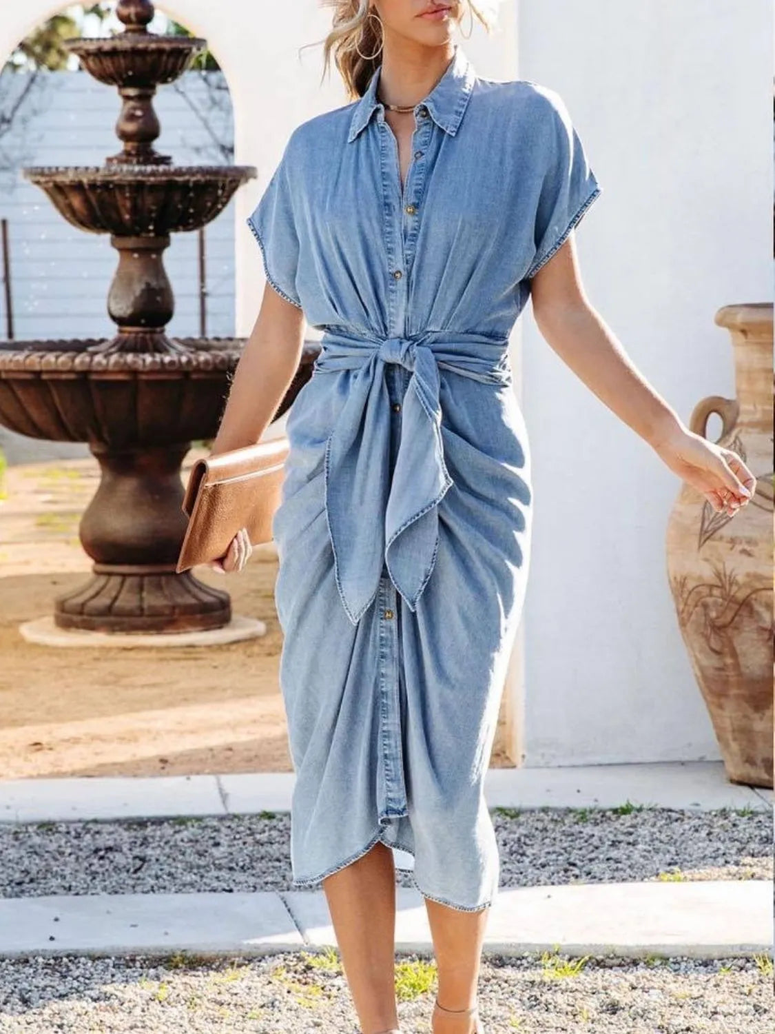 Collared Neck Tie Waist Short Sleeve Denim Dress 