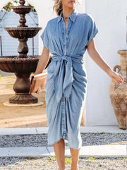 Collared Neck Tie Waist Short Sleeve Denim Dress 