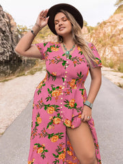 Plus Size Floral V-Neck Short Sleeve Maxi Dress 