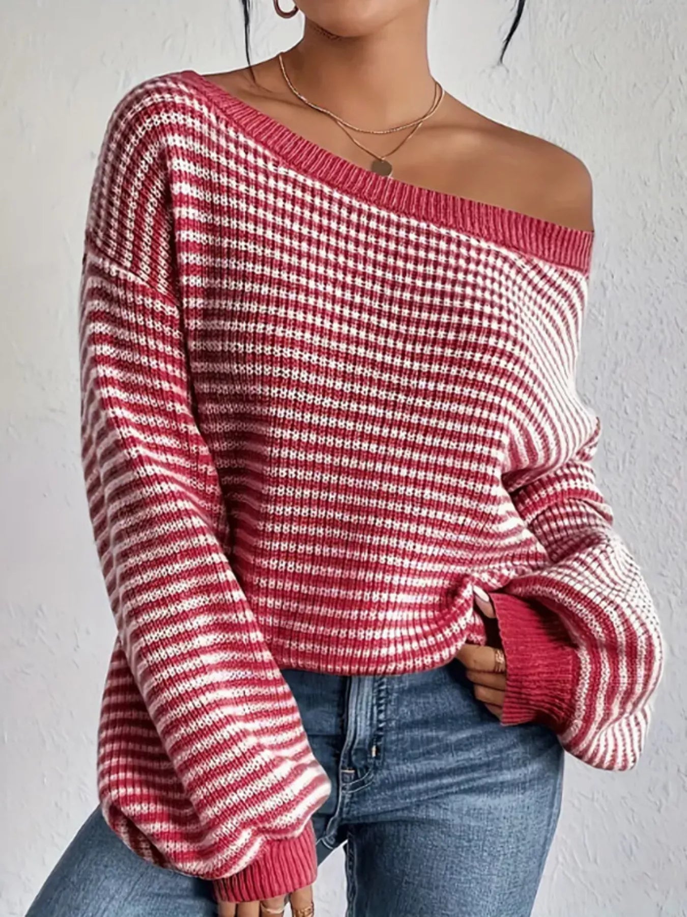 Striped Boat Neck Long Sleeve Sweater 