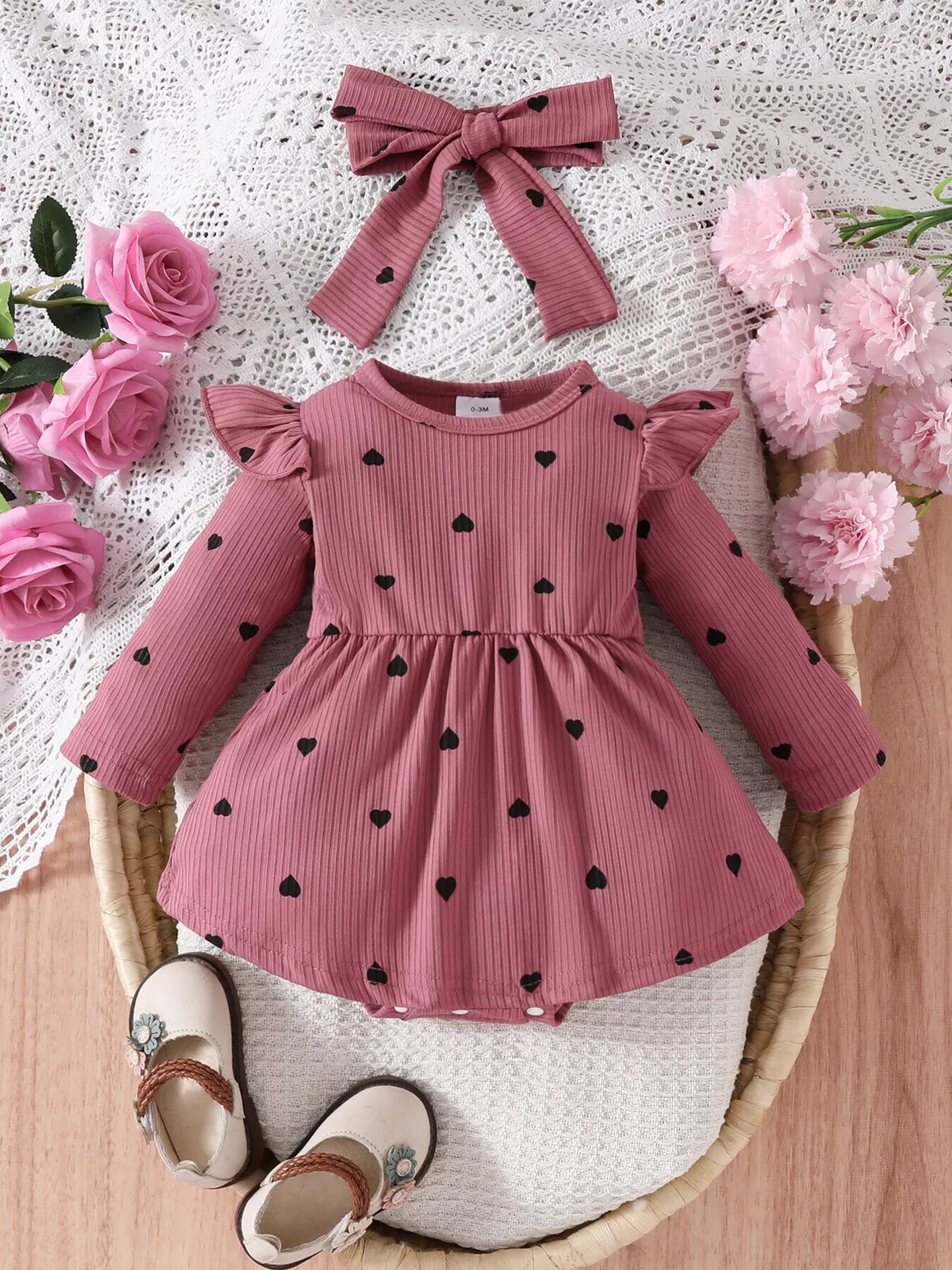 Children's Heart Print Ruffle Trim Bodysuit Dress with Headband 