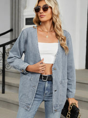 Pocketed V-Neck Button Up Denim Jacket 