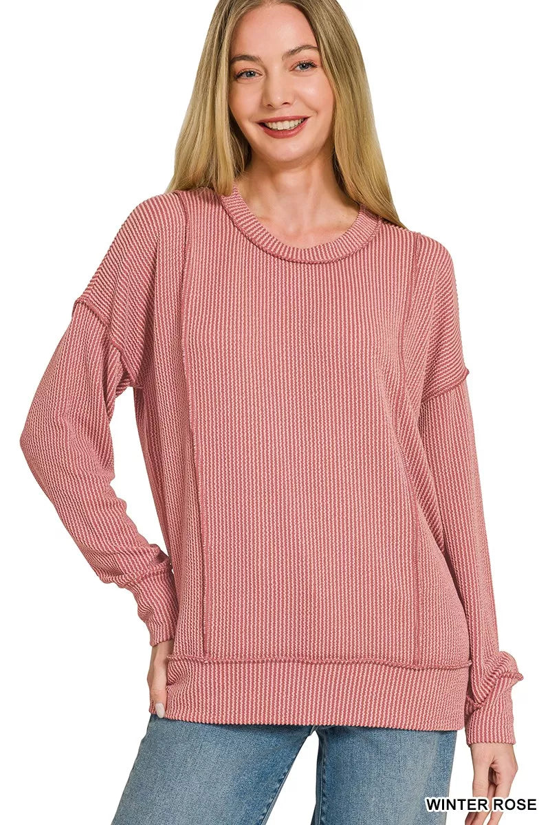 Zenana Corded Rib Long Sleeve Round Neck Top 