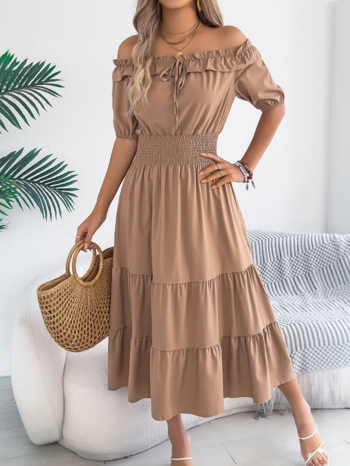 Smocked Off-Shoulder Tiered Dress 