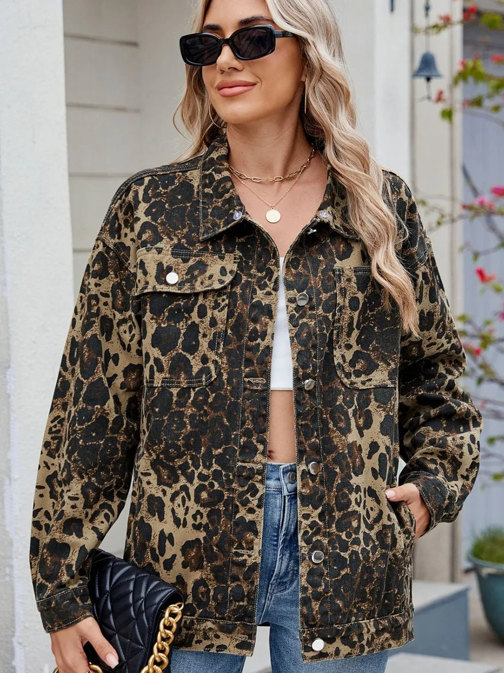 Pocketed Leopard Long Sleeve Denim Jacket 