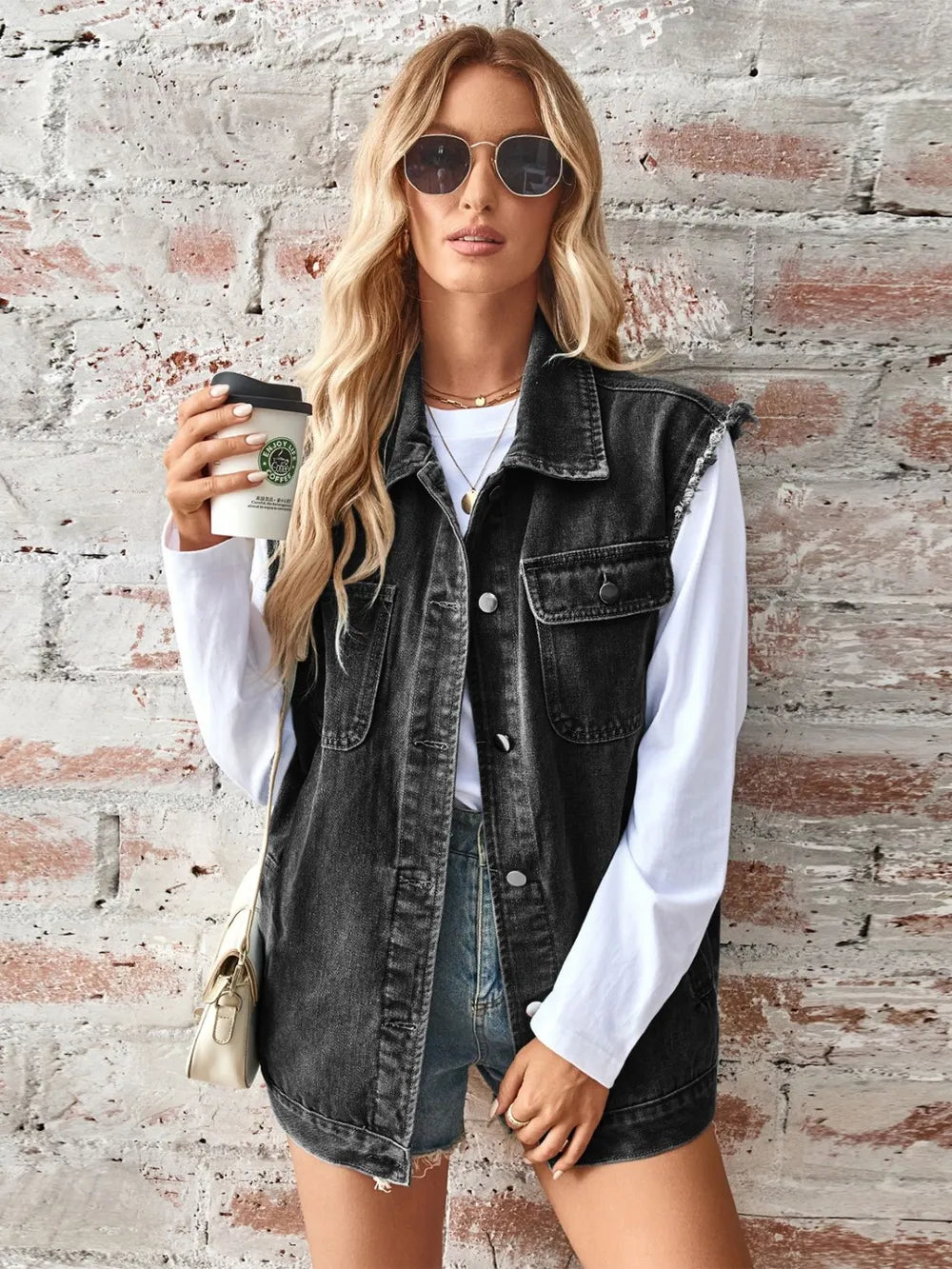 Raw Hem Sleeveless Button Up Denim Jacket 