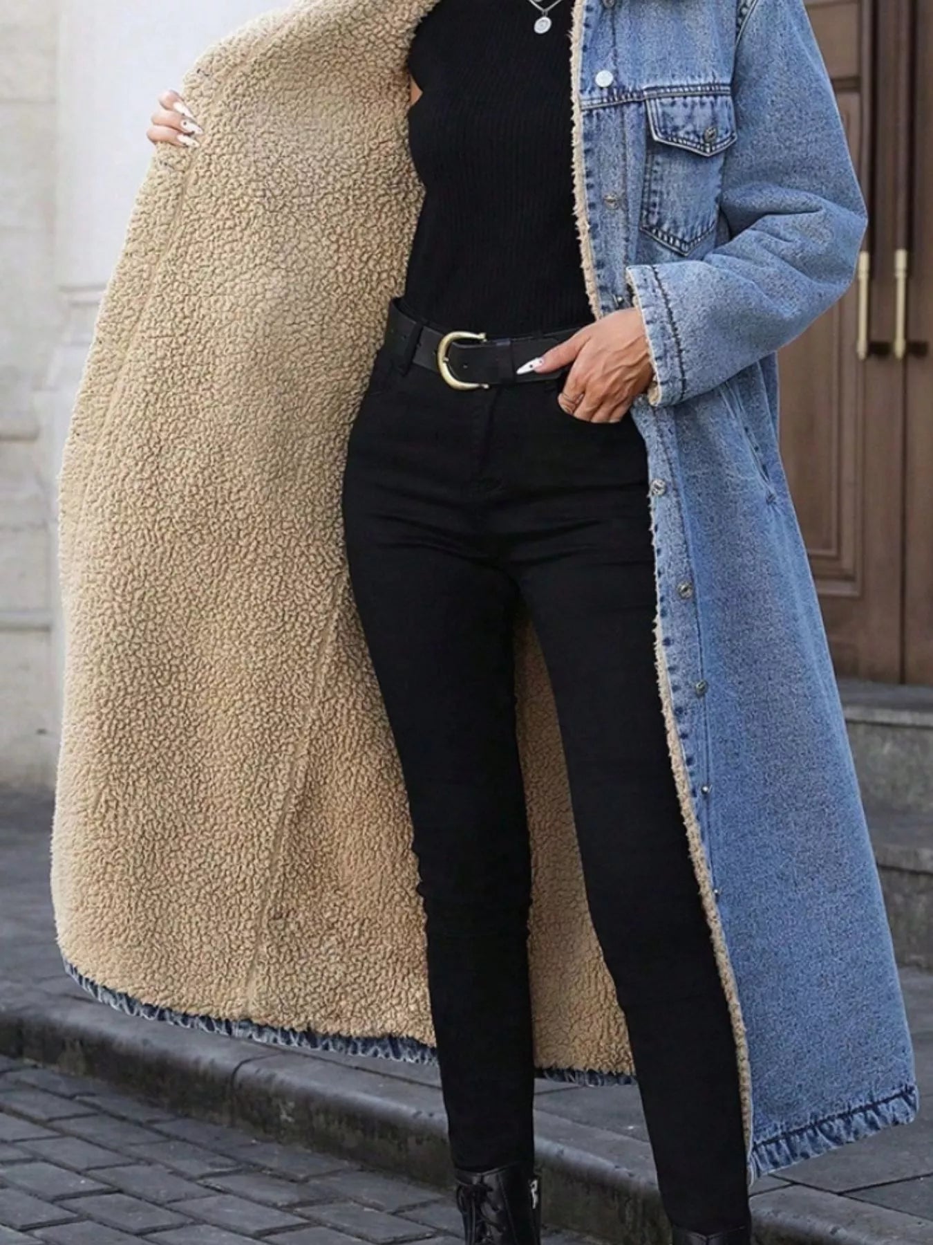 Sherpa Lined Longline Denim Jacket 