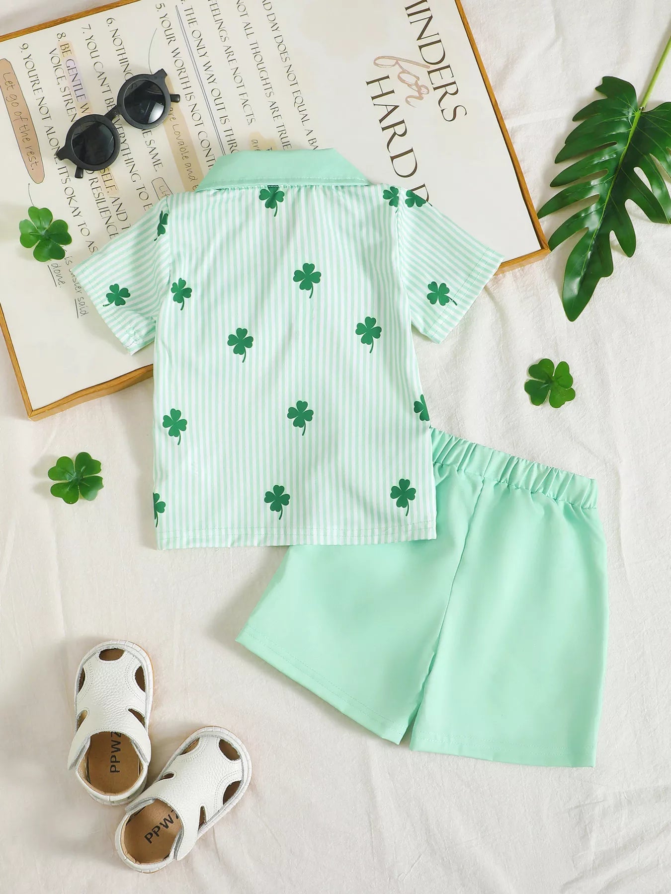 Children's Lucky Clover Print Striped Shirt & Shorts Set 