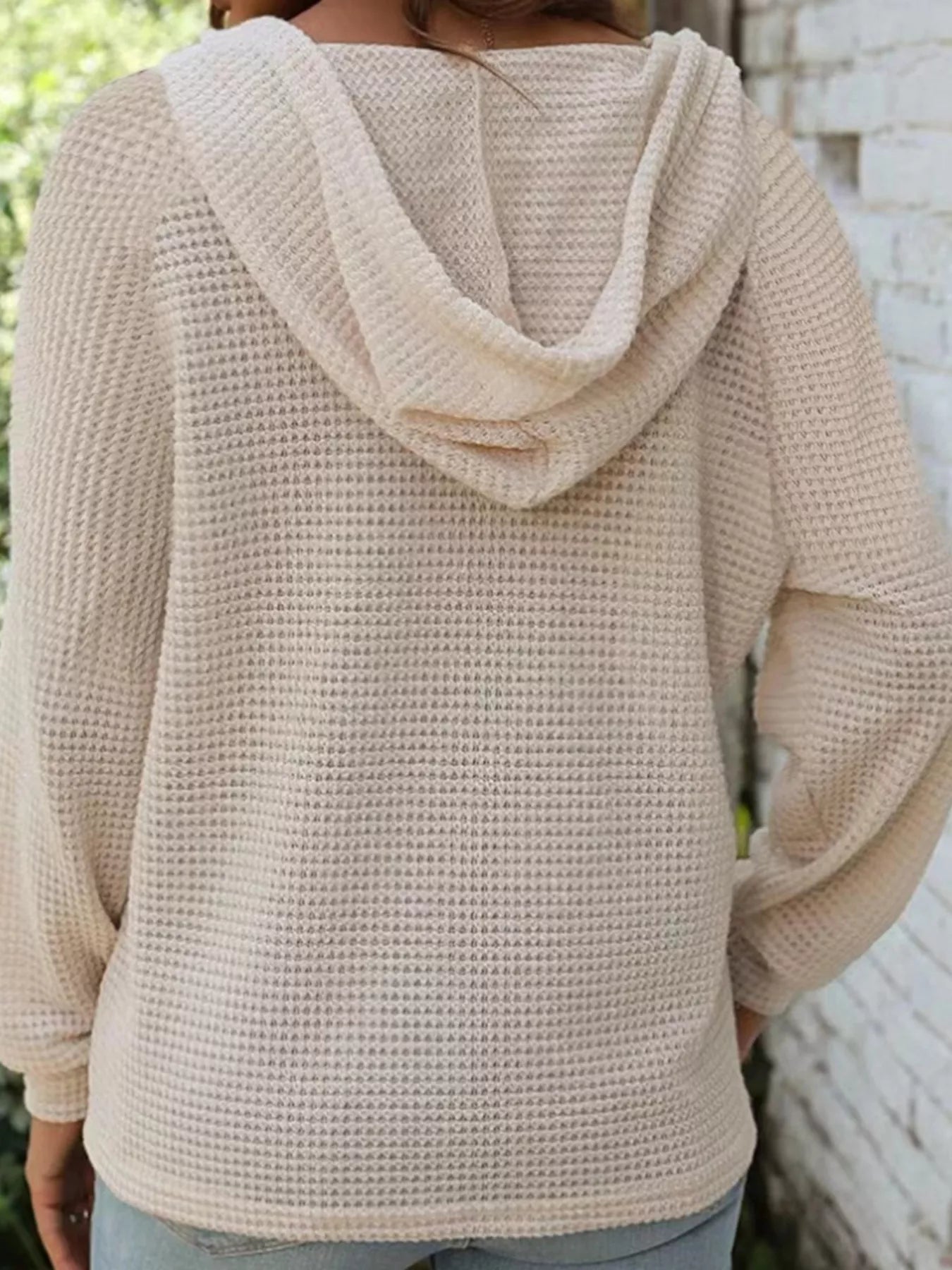 Casual Waffle Knit Button Detail Hoodie 