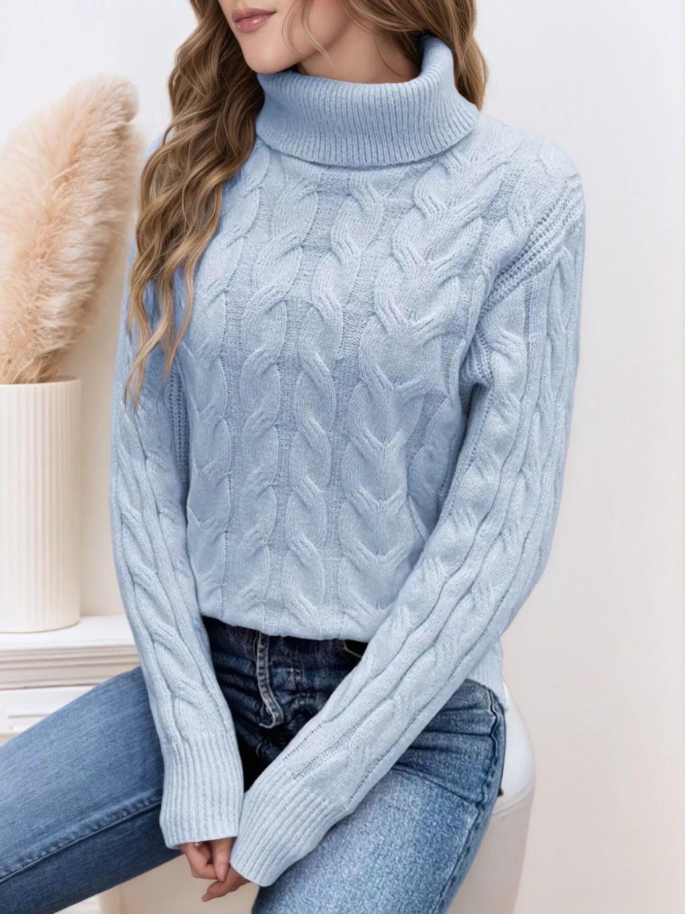 Cable Knit Turtleneck Long Sleeve Sweater 