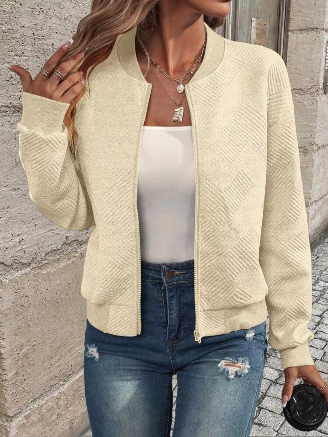 Full Size Zip Up Long Sleeve Textured Jacket Plus Size 