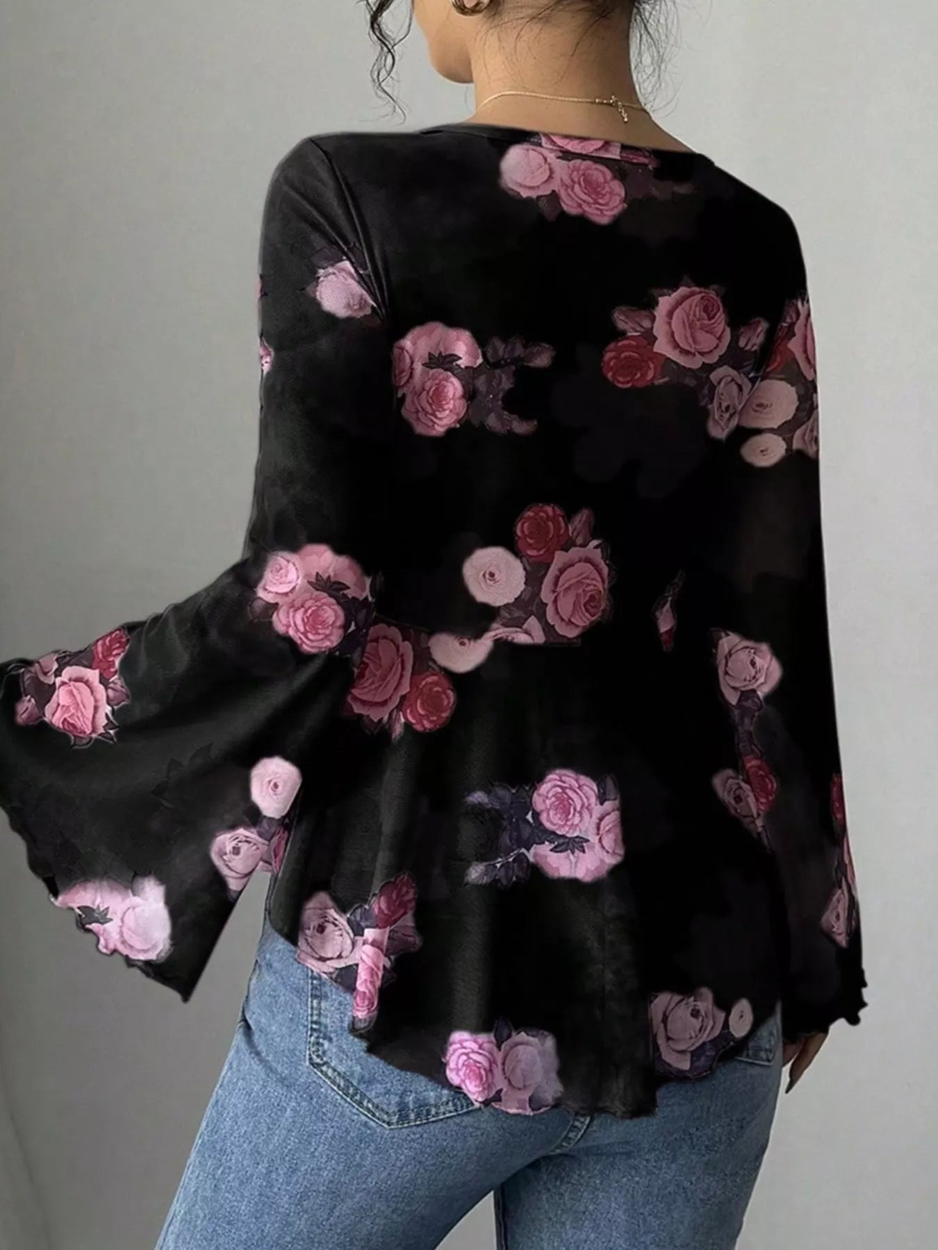Floral Print Tie Front Flare Sleeve Blouse 