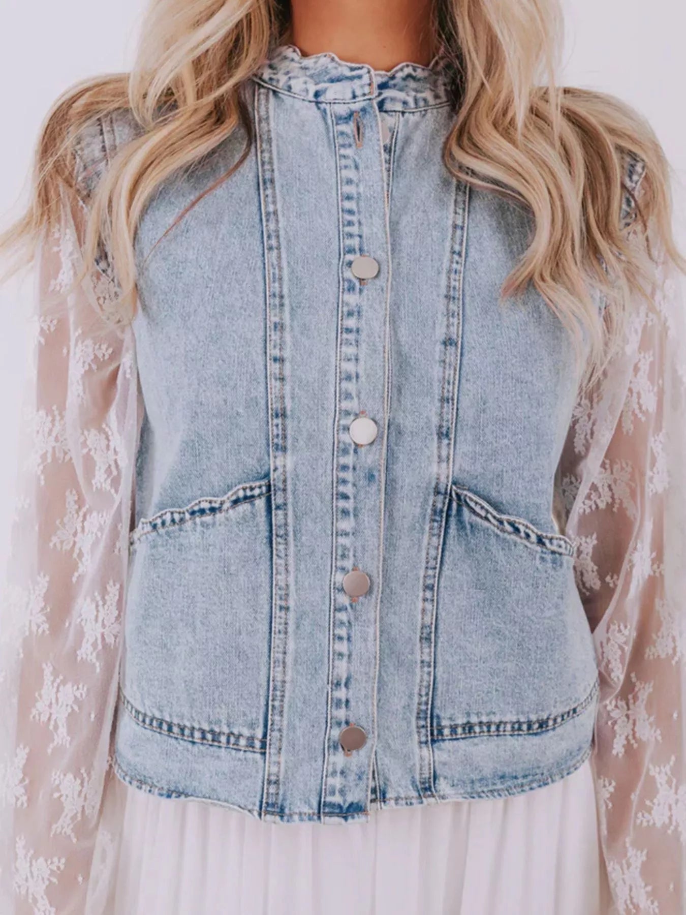 Scalloped Trim Patch Pocket Button Front Denim Vest 