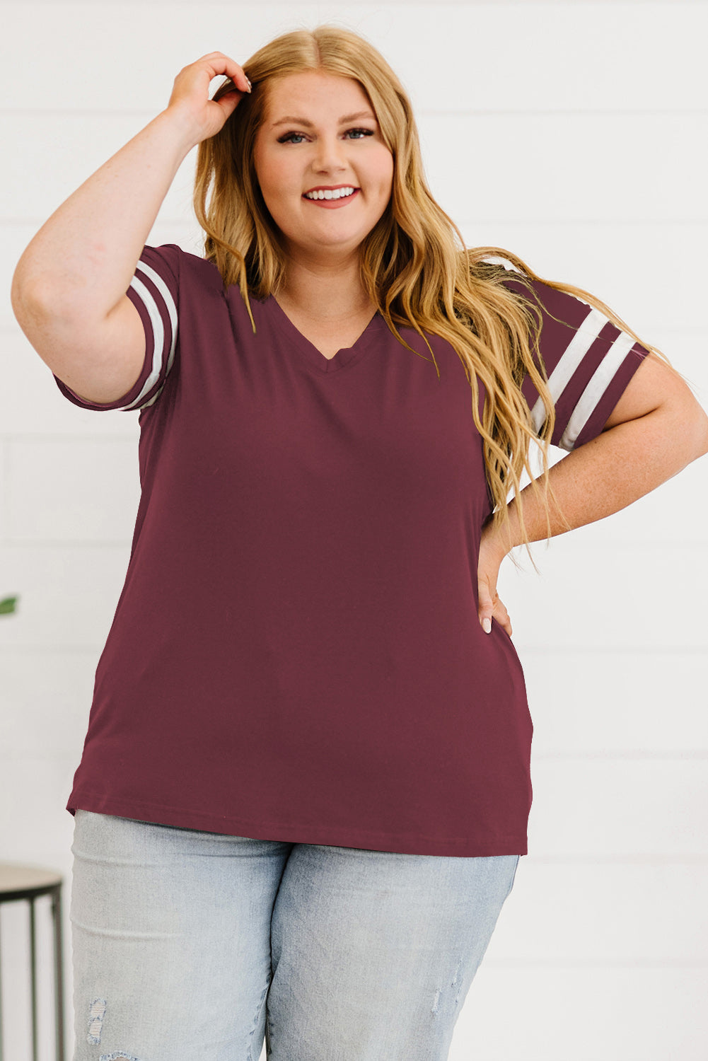 Plus Size Striped V-Neck Tee Shirt 