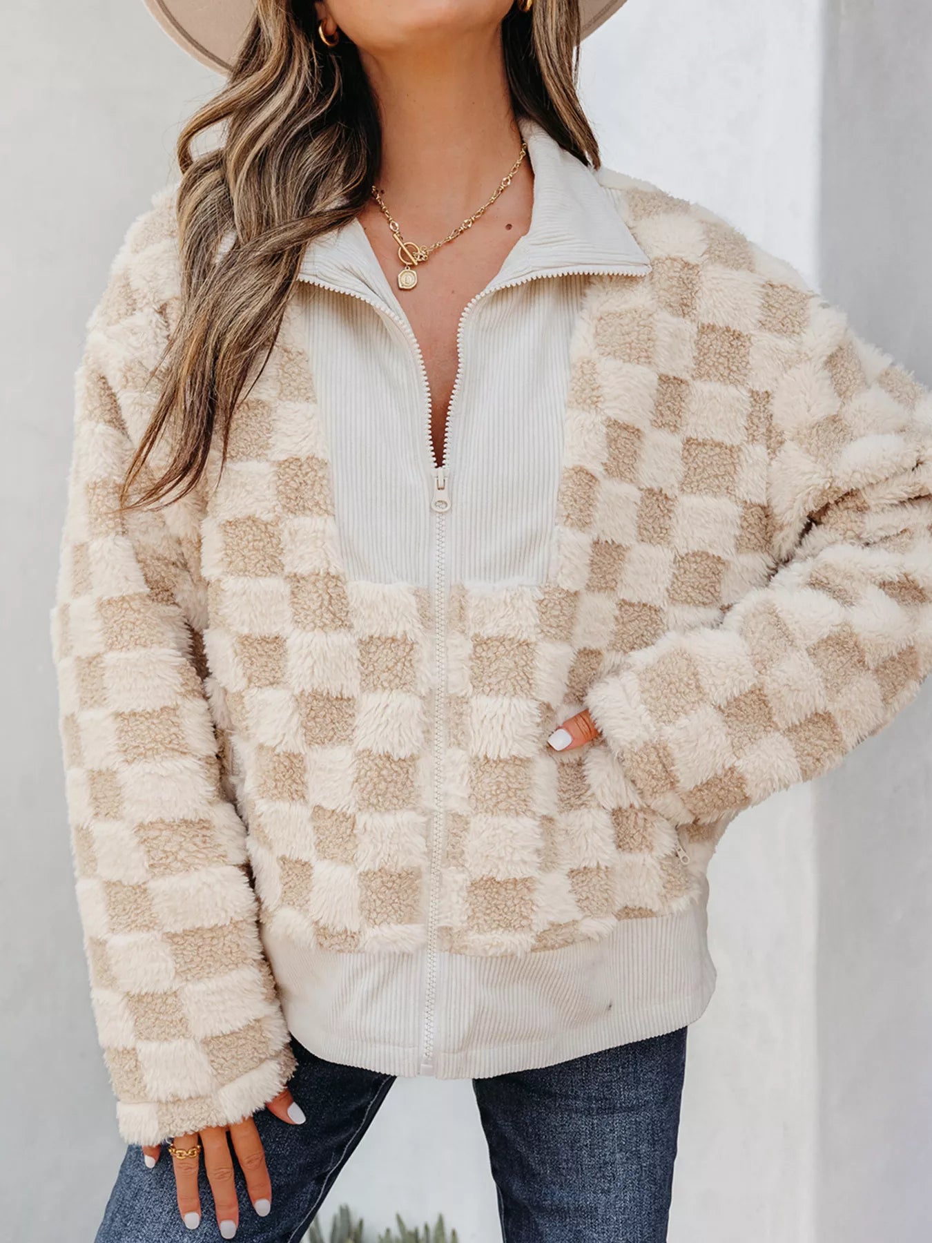 Checker Sherpa Corduroy Patchwork Zip Up Jacket 