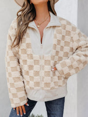 Checker Sherpa Corduroy Patchwork Zip Up Jacket 