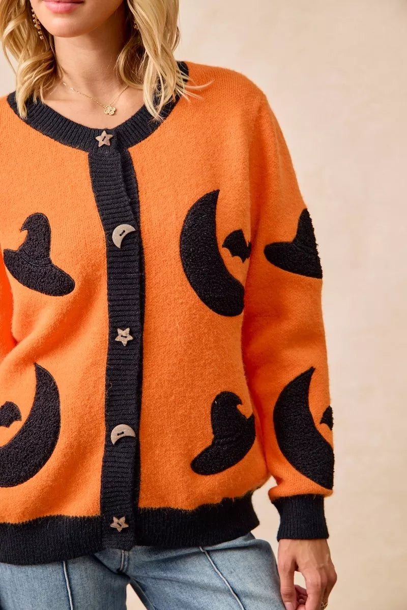 BiBi Halloween Witch Hat Moon Bat Artwork Cardigan 