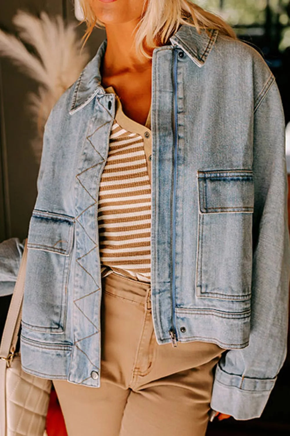 Zip Up Drop Shoulder Denim Jacket 