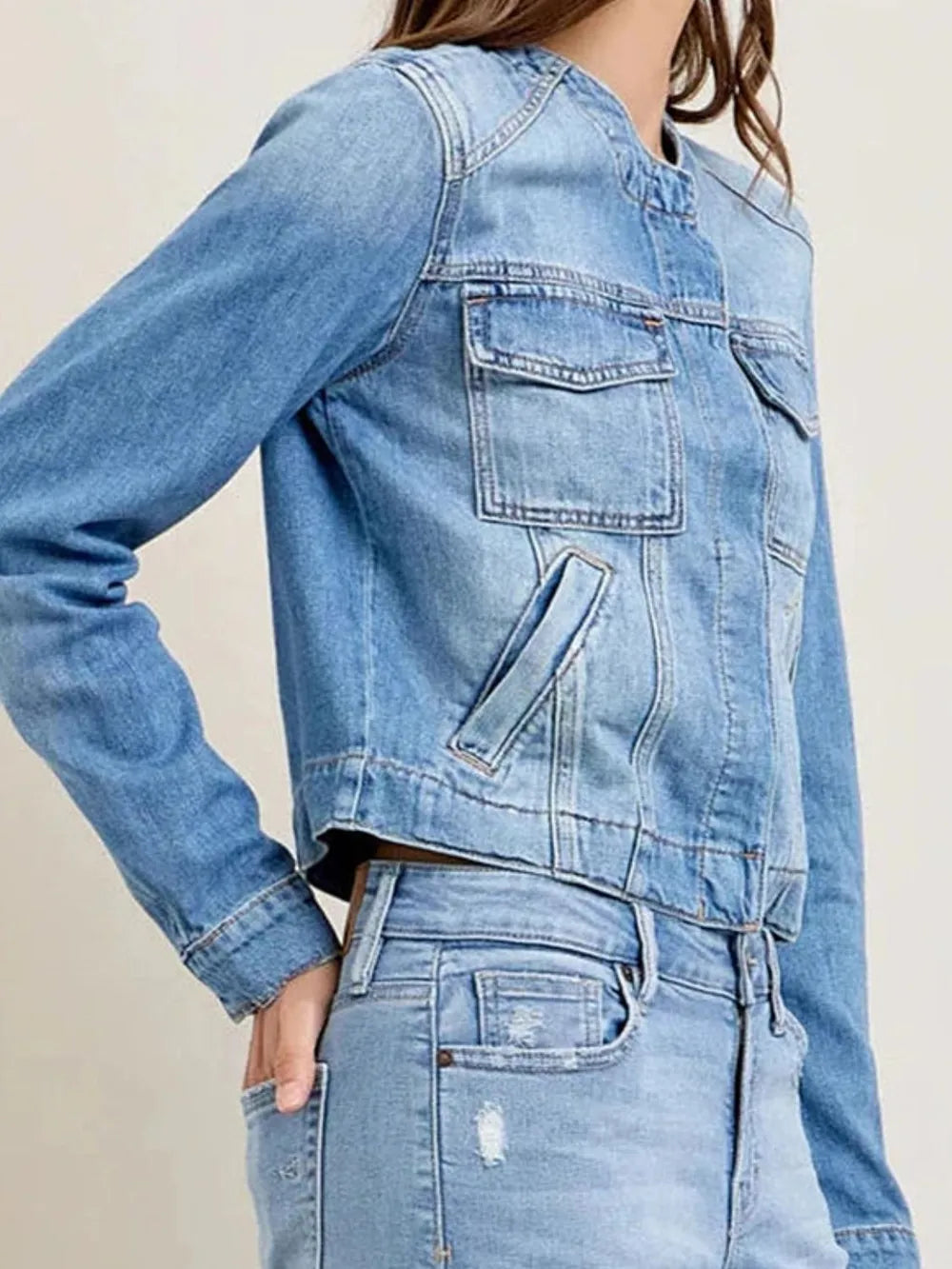 Snap Down Dropped Cargo Denim Jacket 