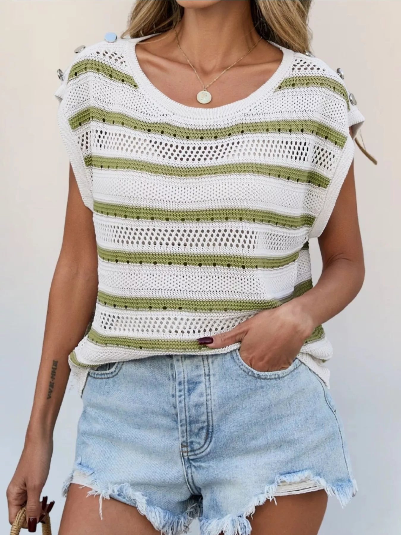 Openwork Round Neck Cap Sleeve Knit Top 