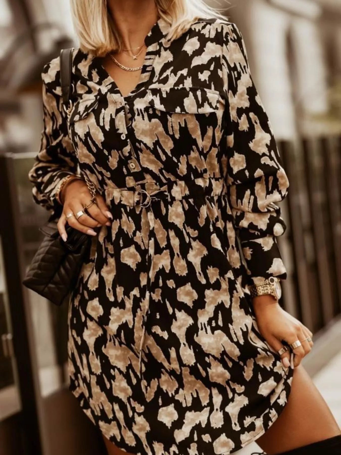 Printed Button Front Long Sleeve Dress 