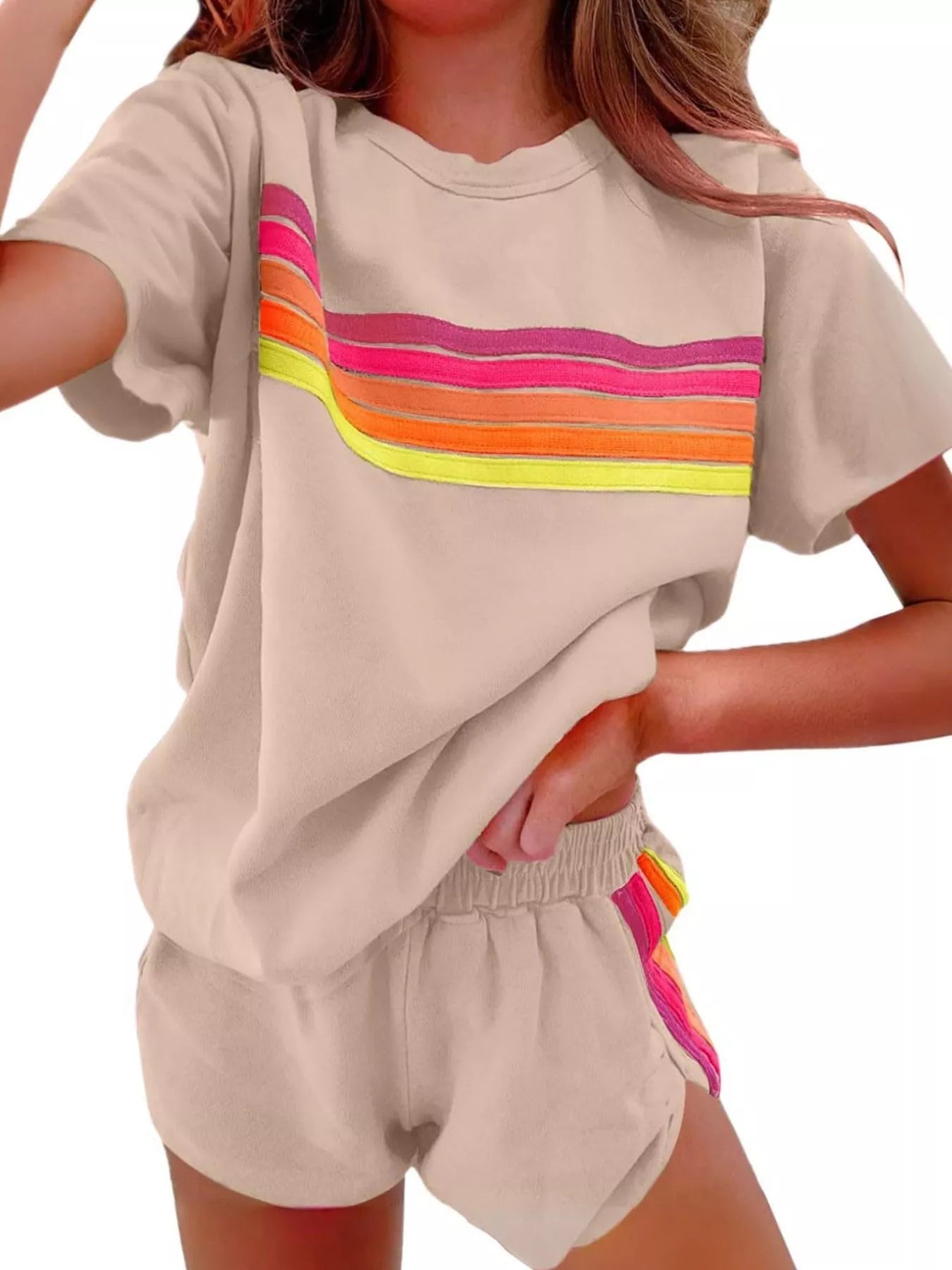Rainbow Striped Round Neck Top and Shorts Set 