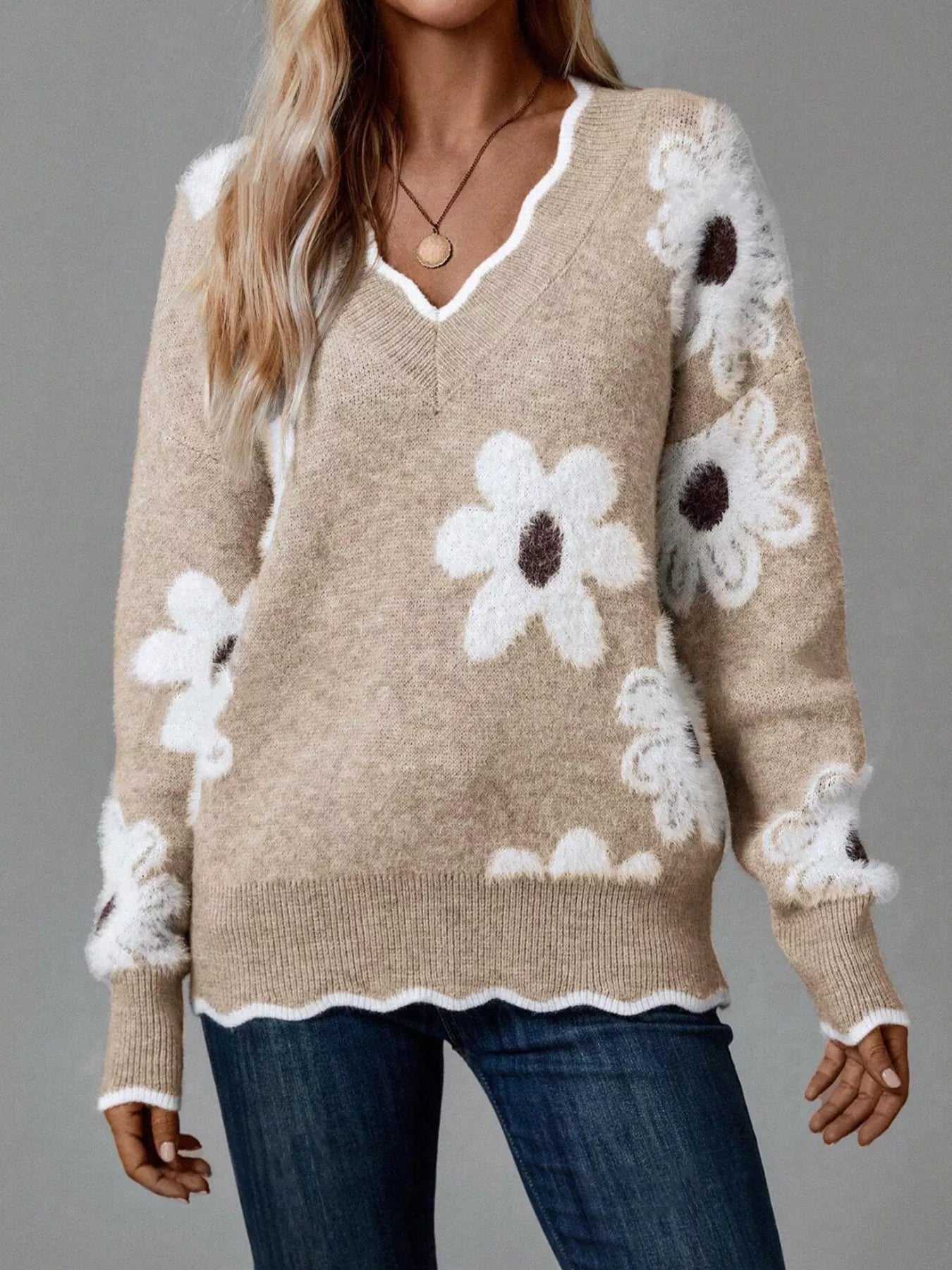 Floral V-Neck Long Sleeve Sweater 