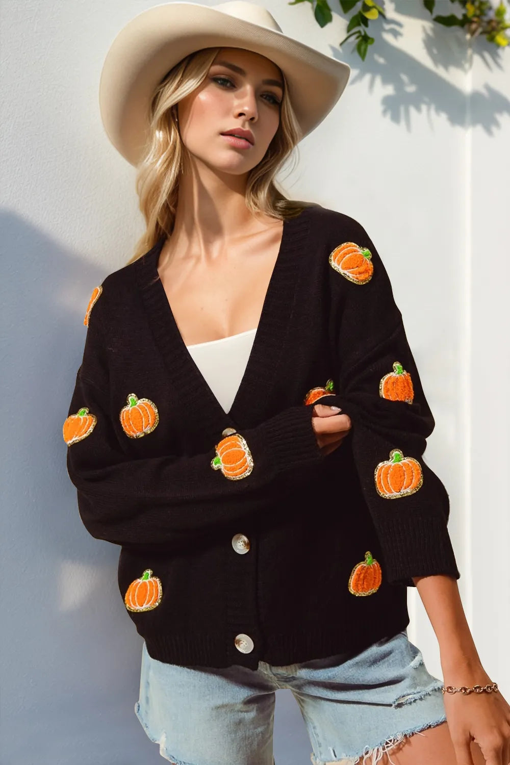 Double Take Full Size Pumpkin Button Up Long Sleeve Cardigan 