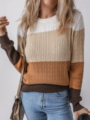 Colorblock Cable Knit Round Neck Sweater 