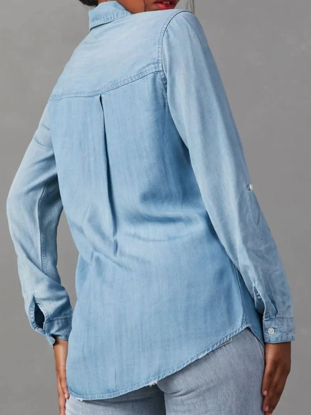 Collared Neck Roll-Tab Sleeve Denim Top 
