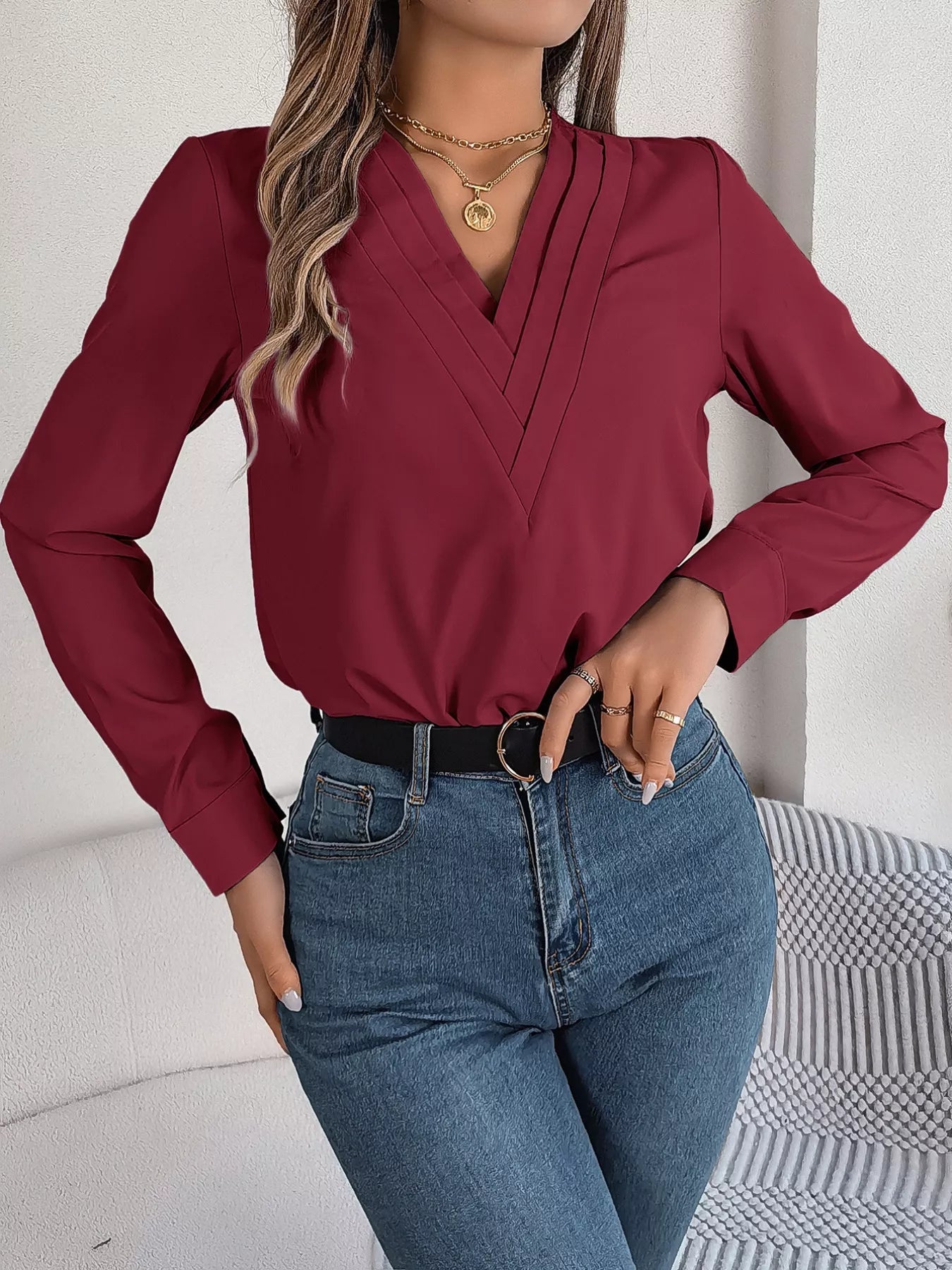 Layered V-Neck Long Sleeve Blouse 