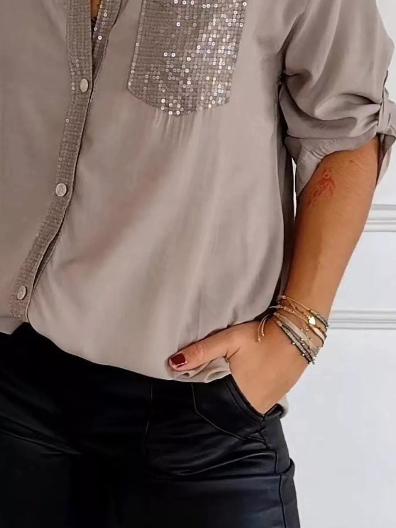 Full Size Sequin Detail Button-Down Shirt Plus Size 