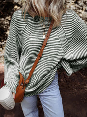 Striped Ribbed Knit Boat Neck Baggy Sweater 