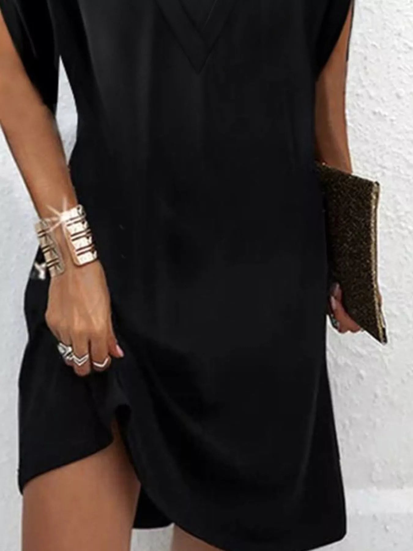 Full Size V-Neck Slit Sleeve Mini Dress Plus Size 