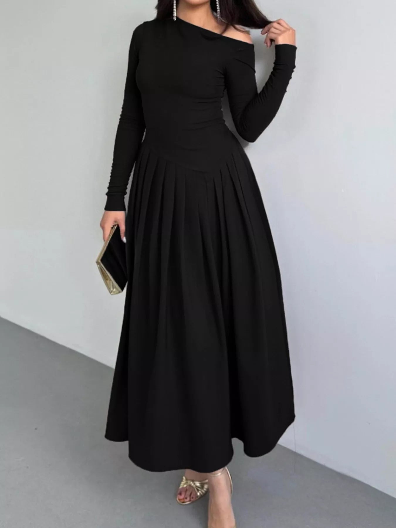 Ruched One Shoulder Long Sleeve Dress 
