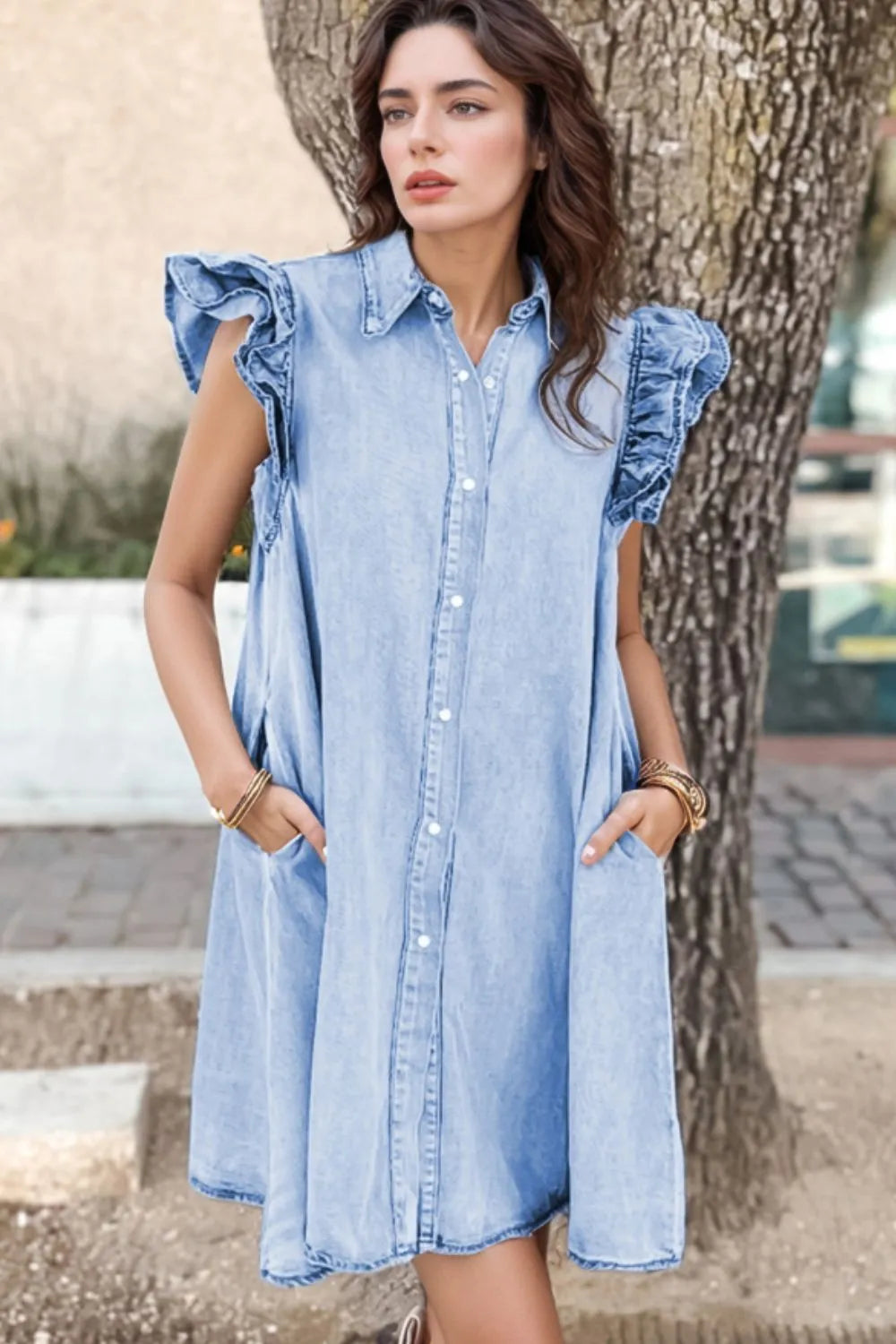 Ruffled Button Front Cap Sleeve Denim Dress 