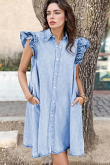 Ruffled Button Front Cap Sleeve Denim Dress 