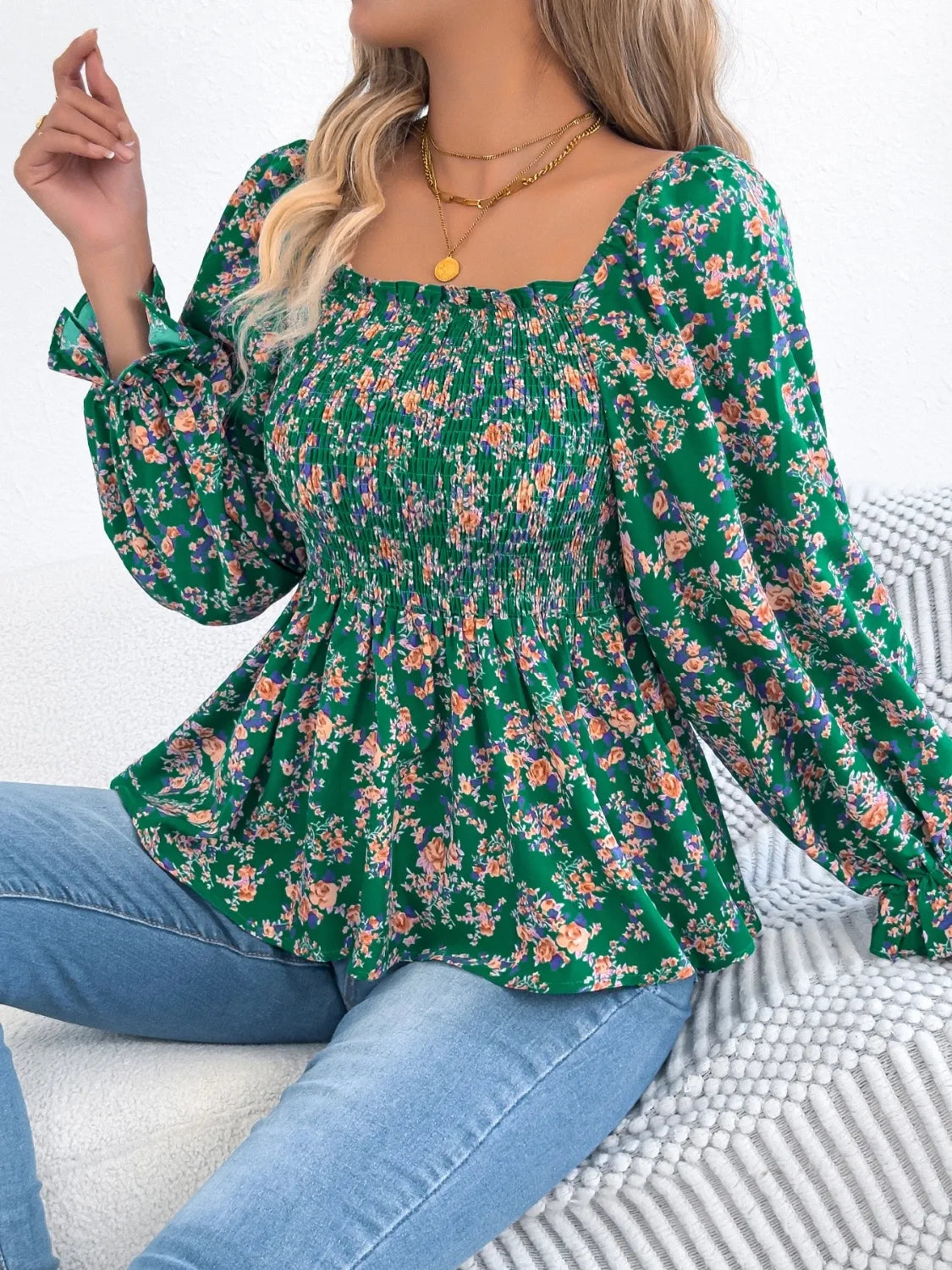 Floral Square Neck Flounce Sleeve Blouse 
