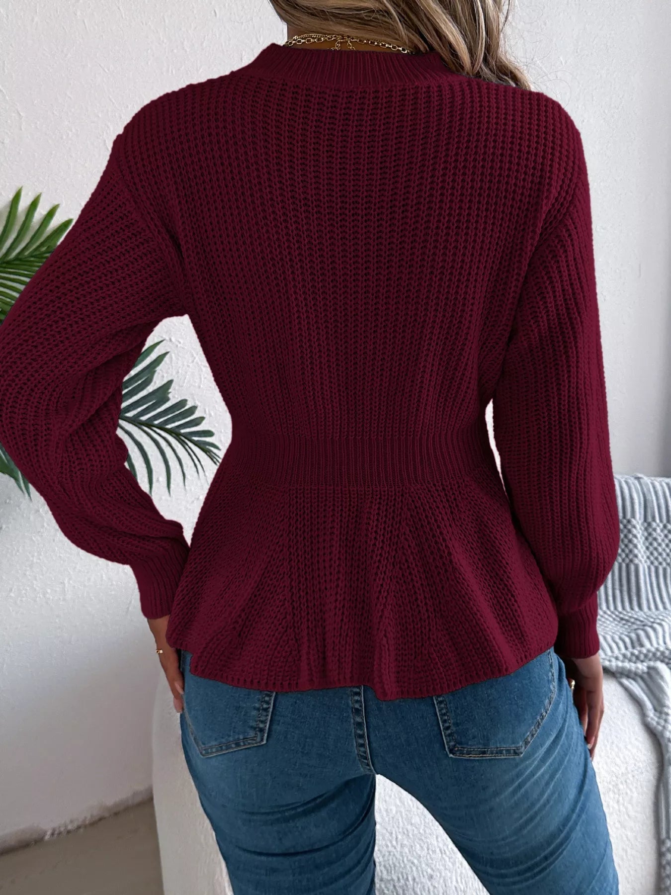 Cable Knit Round Neck Peplum Sweater 