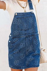 Flower Print Square Neck Denim Overall Dress 