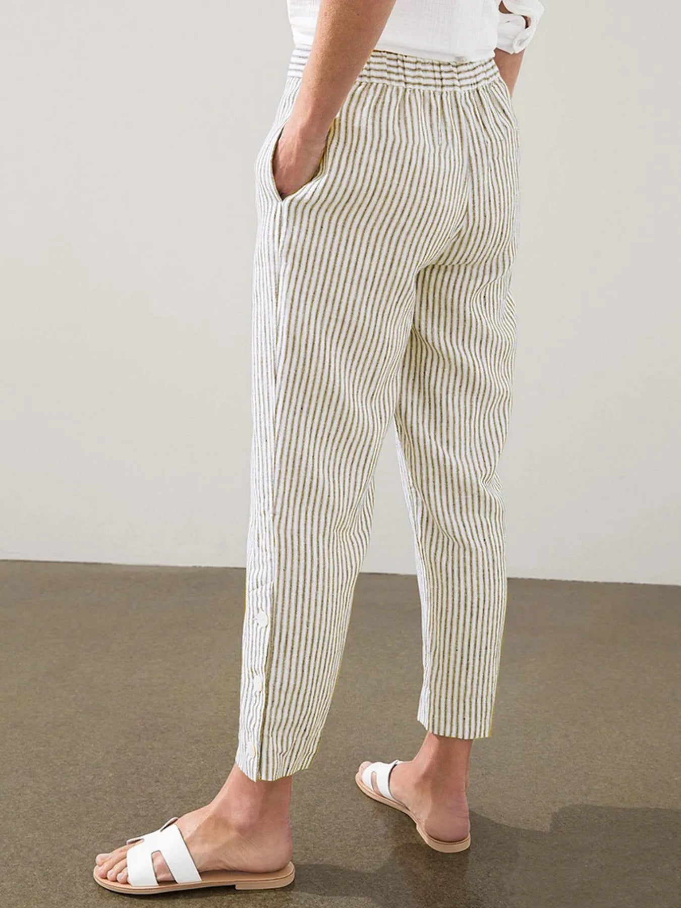 Full Size Striped Side Button Detail Pants Plus Size 