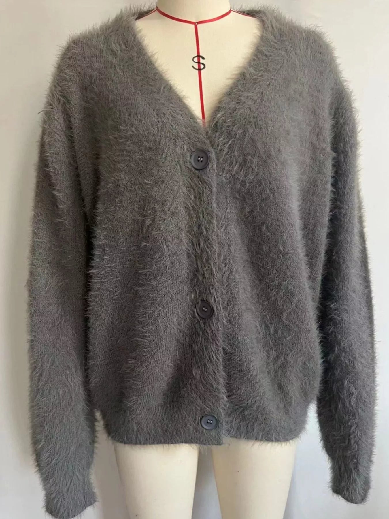 V Neck Button Down Fuzzy Knit Mohair Cardigan 