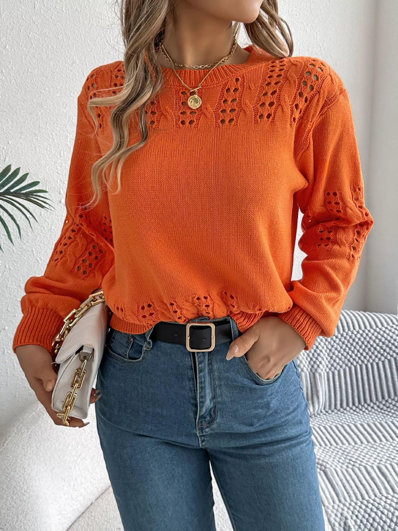 Hollow Out Eyelet Long Sleeve Sweater 