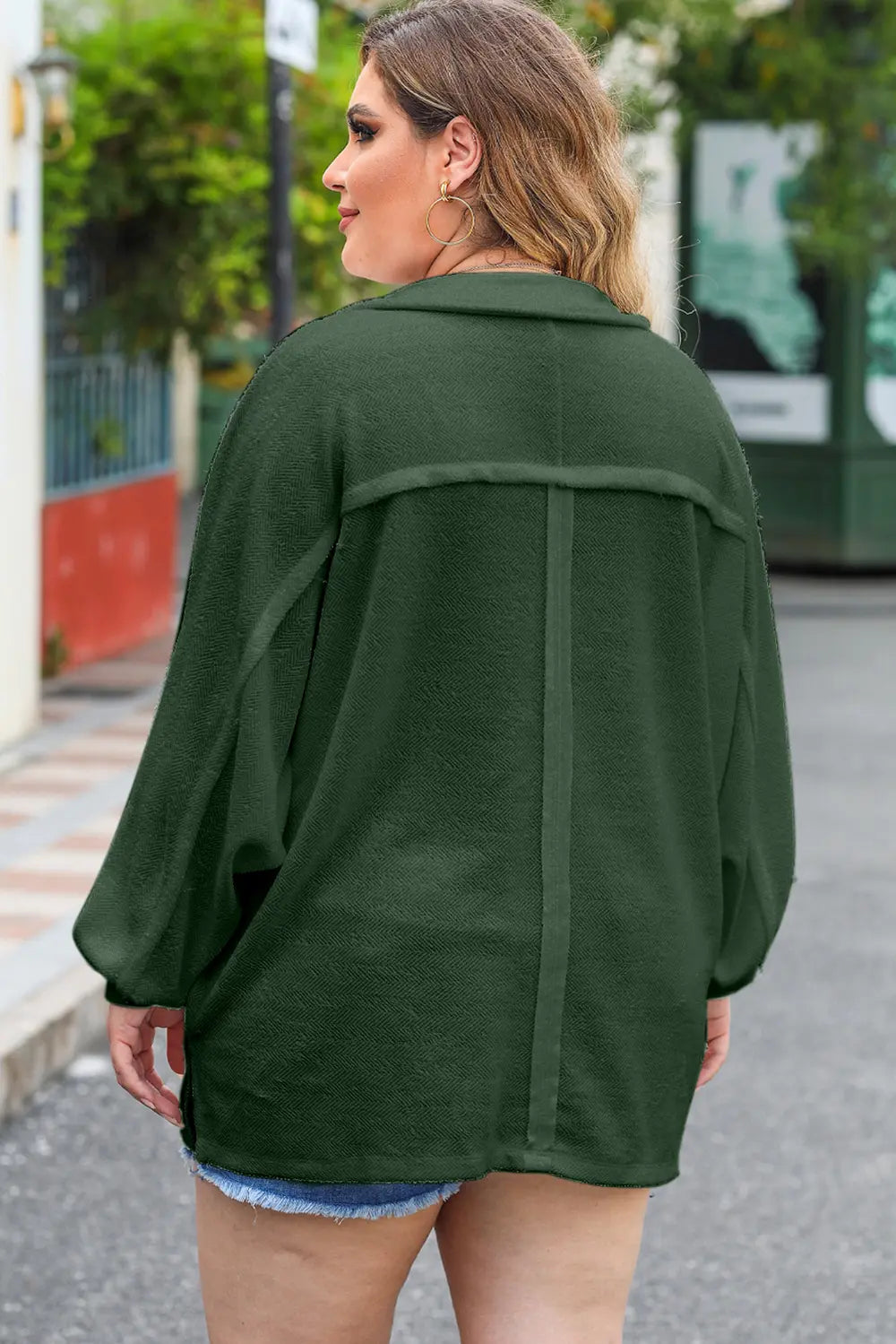 Plus Size Half Button Collared Neck Long Sleeve Blouse 