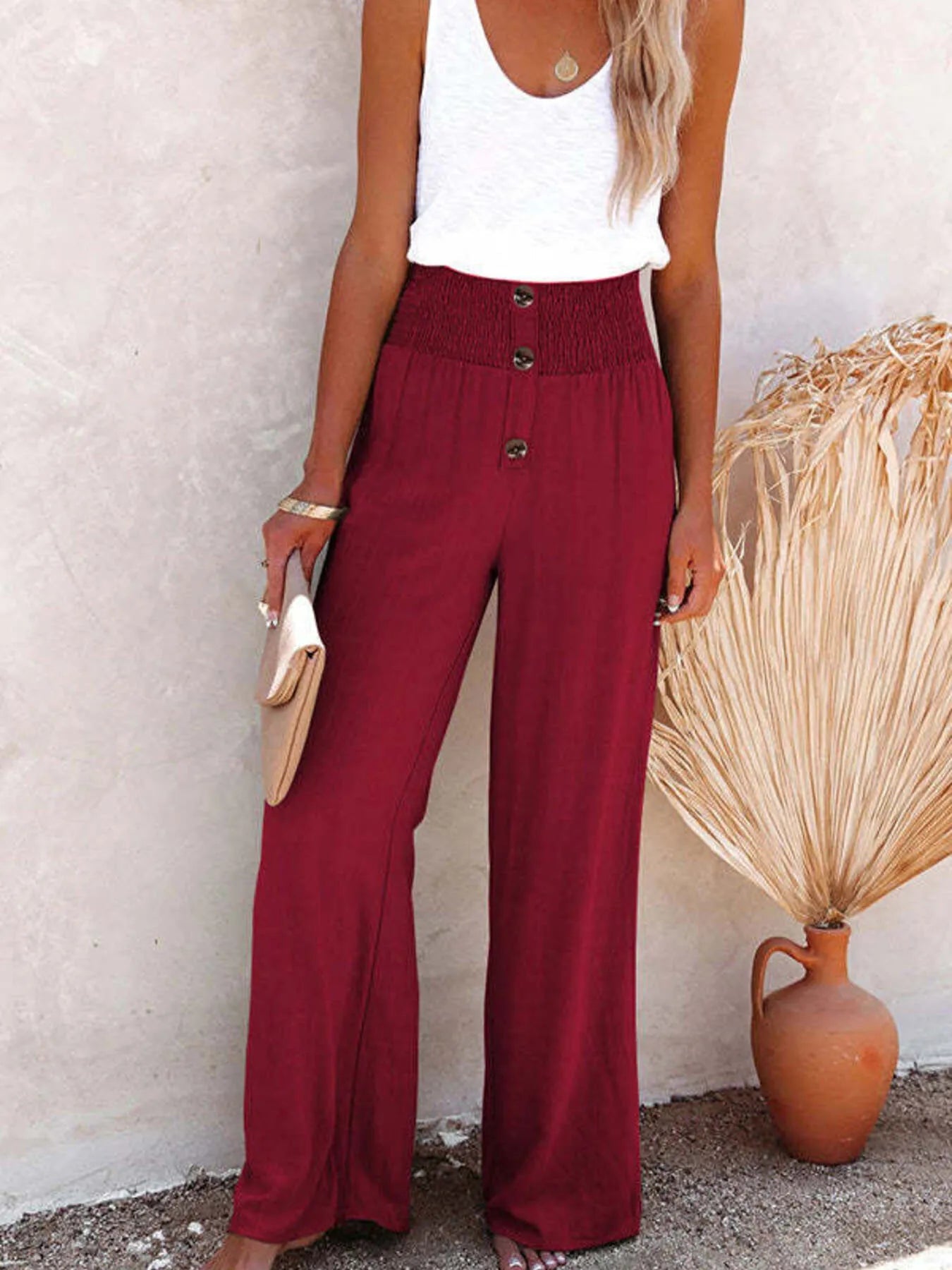 Full Size High-Waisted Textured Wide Leg Pants Plus Size 