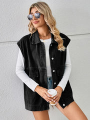 Pocketed Button Up Sleeveless Denim Jacket 
