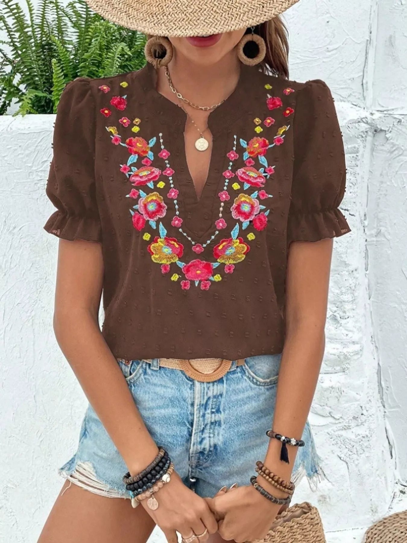 Floral Embroidered Puff Sleeve Blouse 