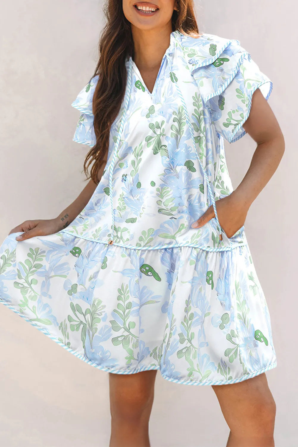 Floral Contrast Edge Layered Short Sleeve Mini Dress 